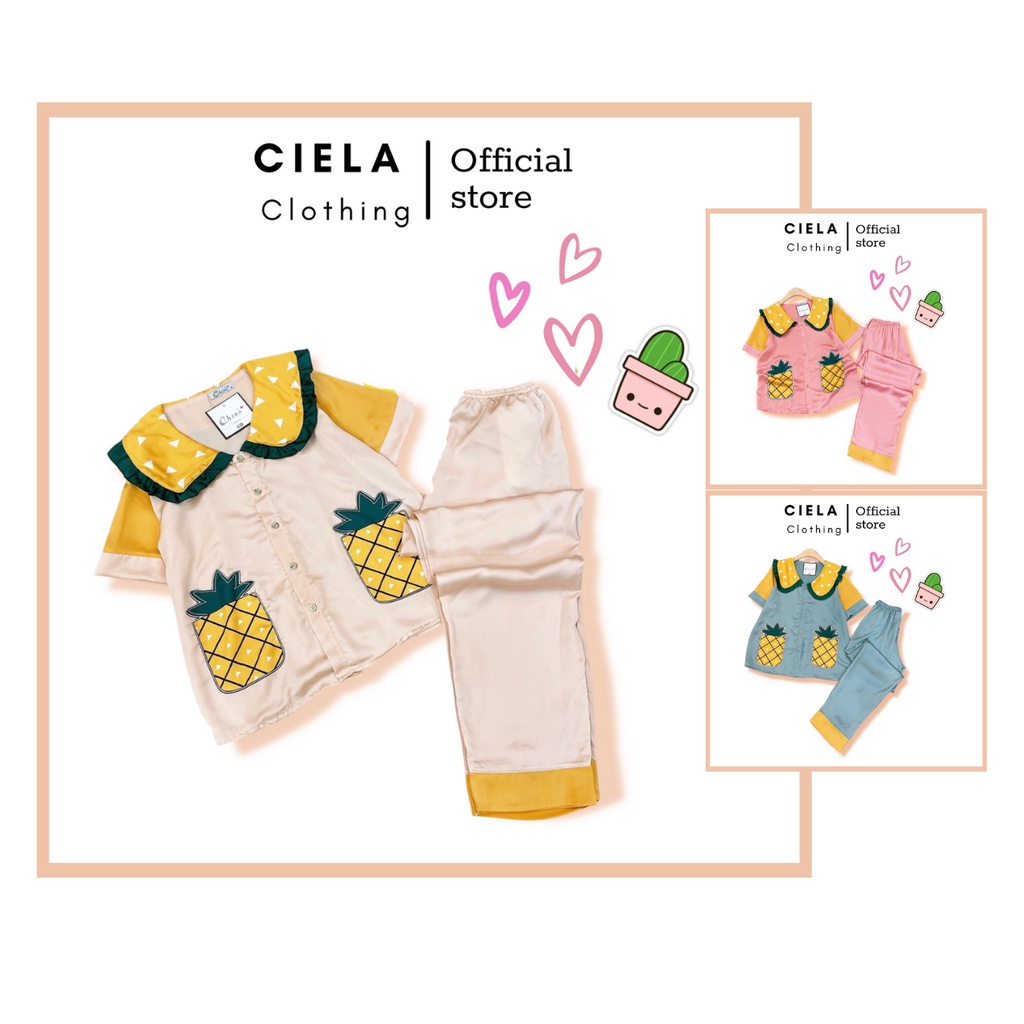 Bộ ngủ Pijama tay ngắn quần dài họa tiết túi dứa siêu xinh hồng, chất Lụa Satin cao cấp, mềm mịn