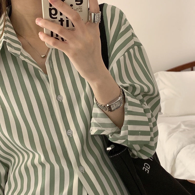 Cheese Minimalist Green Sọc Áo sơ mi nữ thiết kế năm mới 2022