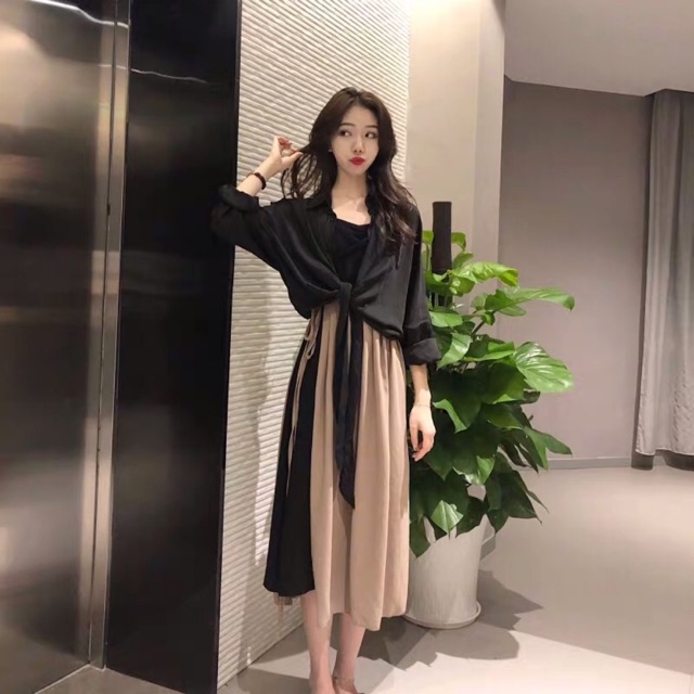 {order bigsize,M-4xl}Sét Váy phối màu cách điệu+áo khoác cực xinh 2020