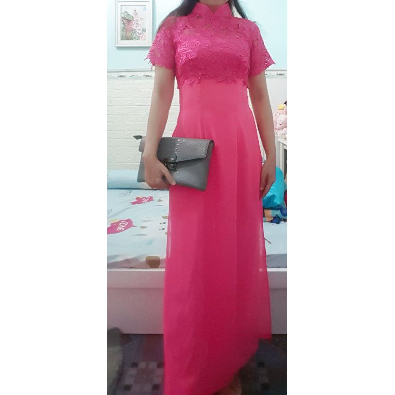 Thanh lý bộ áo dài voan ren hồng eo dưới 70cm