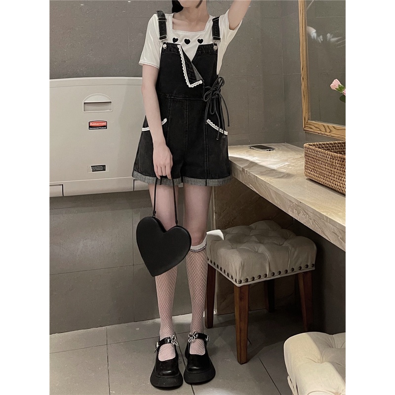 Xiaozhainv Quần yếm denim ống rộng lưng cao phong cách retro Hàn Quốc cho nữ | BigBuy360 - bigbuy360.vn