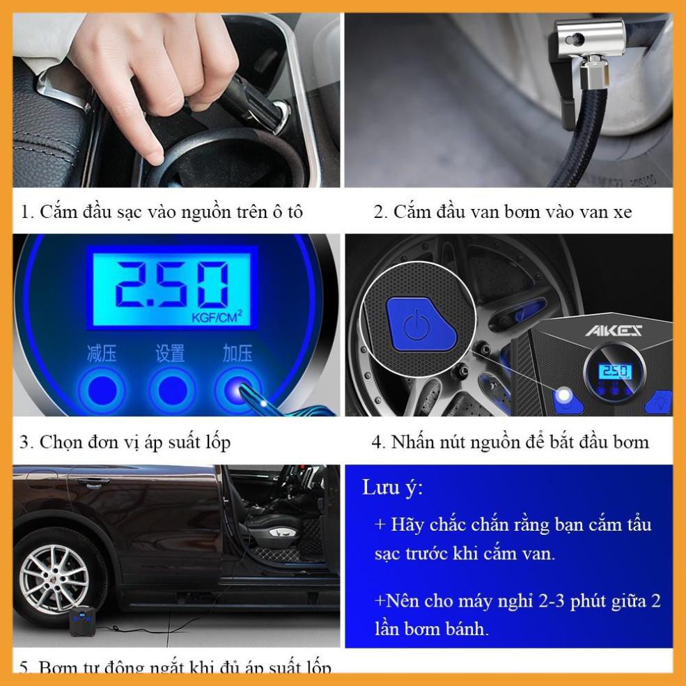 Bơm lốp ô tô, xe hơi AIKESI đồng hồ cơ, bơm ô tô điện tử cài đặt số cân và tự ngắt- Bảo hành 12 tháng