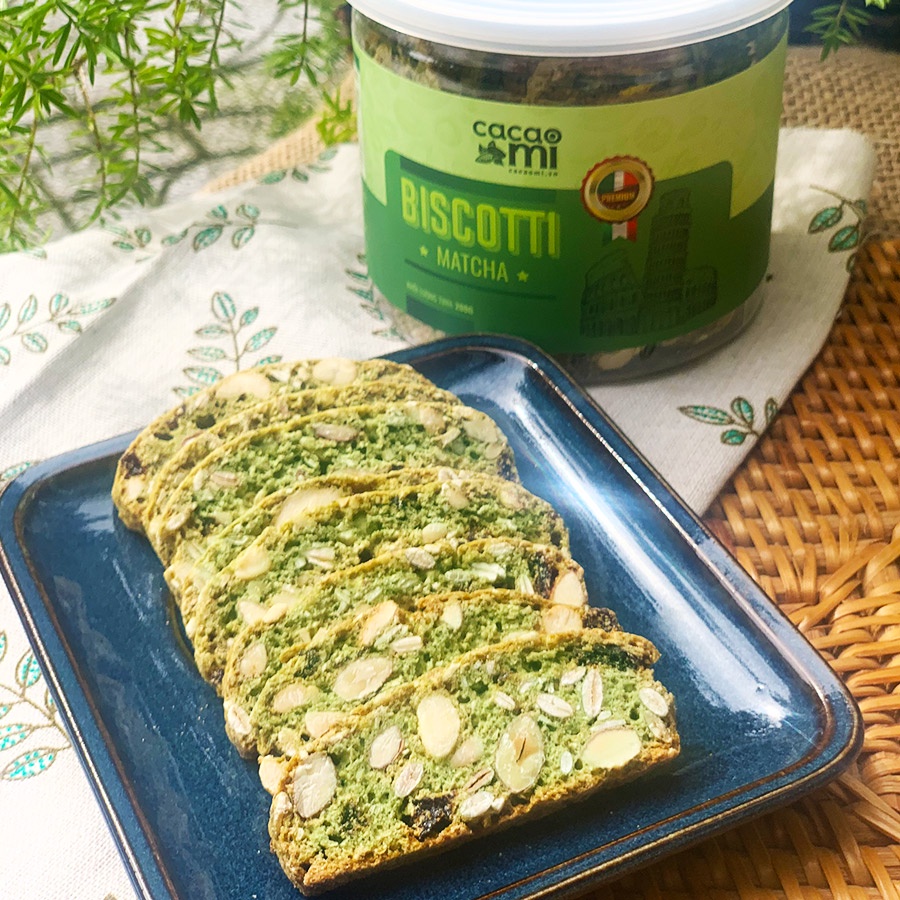 Bánh BISCOTTI Matcha Trà Xanh CACAOMI siêu hạt dinh dưỡng, hỗ trợ giảm cân ăn kiêng Eat Clean, Keto, Lowcarb hũ 200g