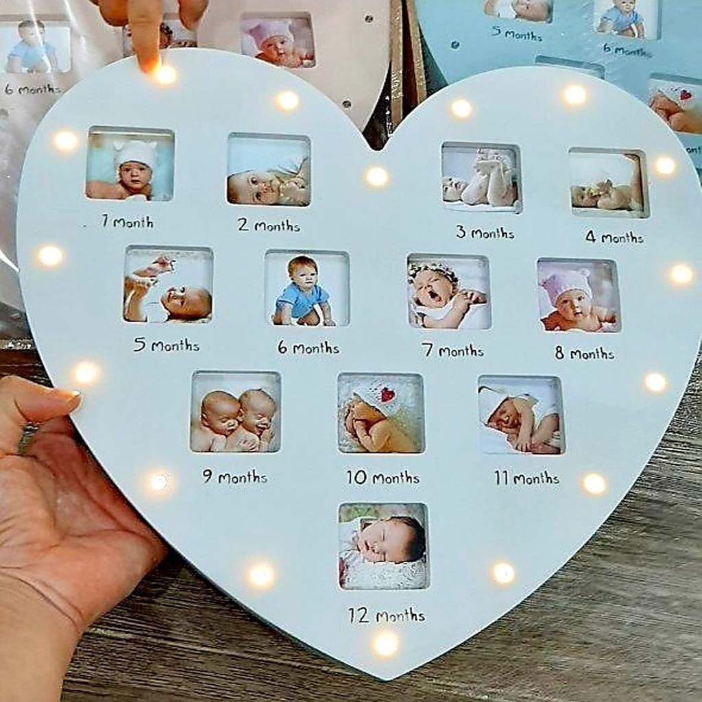 Khung ảnh/khung hình 12 tháng hình trái tim có đèn led quà tặng ý nghĩa cho bé