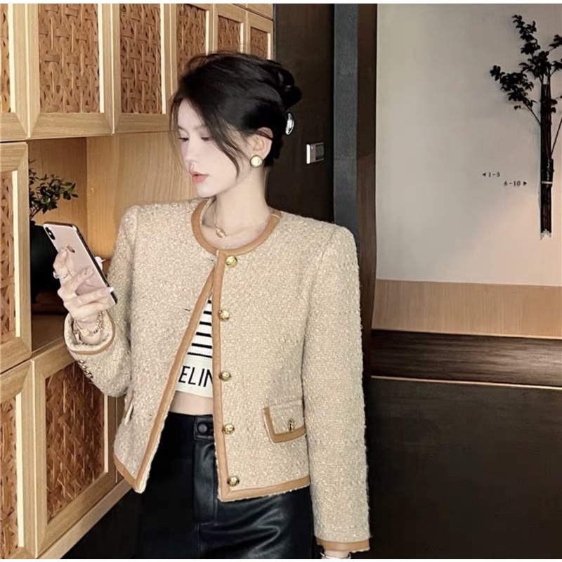 Áo Dạ Tweed Dáng Lửng Phối Viền Phong Cách Hàn Quốc Siêu Xinh_ Hàng Order QCCC