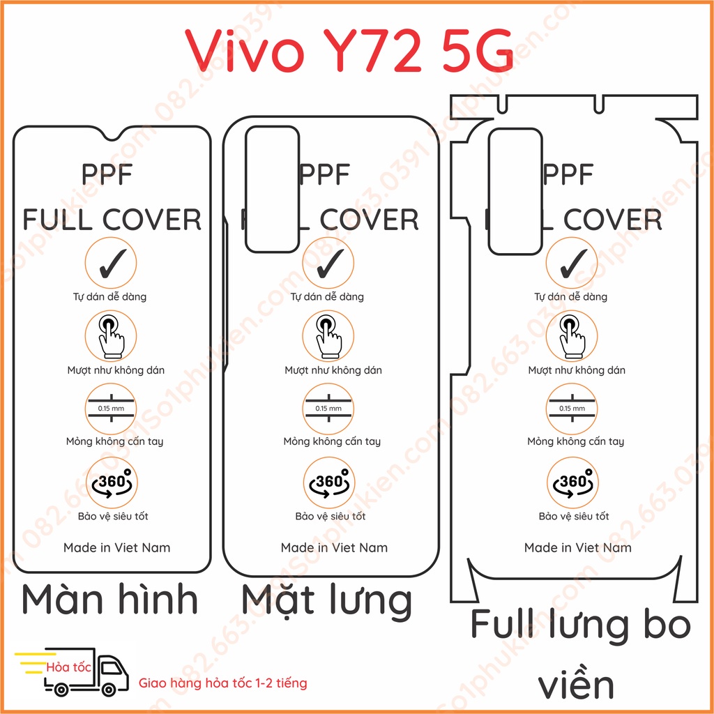 Dán PPF Vivo Y72 5G loại nhám, bóng dành cho màn hình, mặt lưng, full lưng bo viền