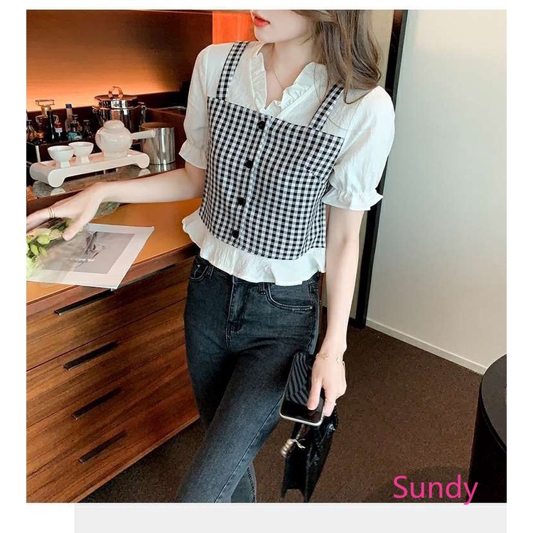 Áo Sơ Mi Ngắn Tay Cổ Chữ V Hoa Văn Kẻ Ô Thời Trang Mùa Hè Dành Cho Nữ