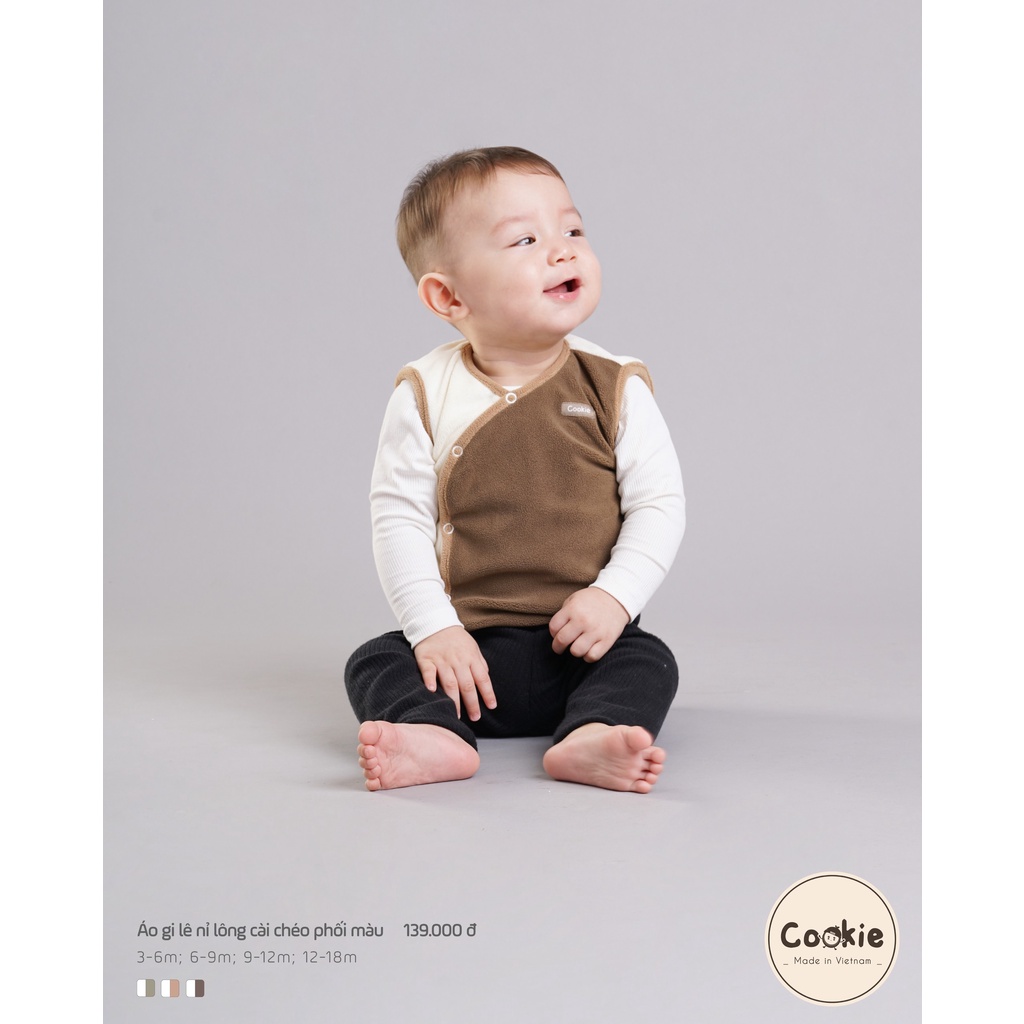 Cookie - Áo gile nỉ lông cài lệch phối màu cho bé trai, bé gái từ 3 tháng đến 18 tháng