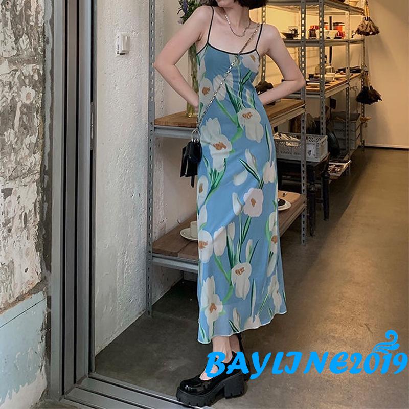 Đầm hai dây dáng dài cổ vuông in họa tiết hoa thời trang quyến rũ cho nữ