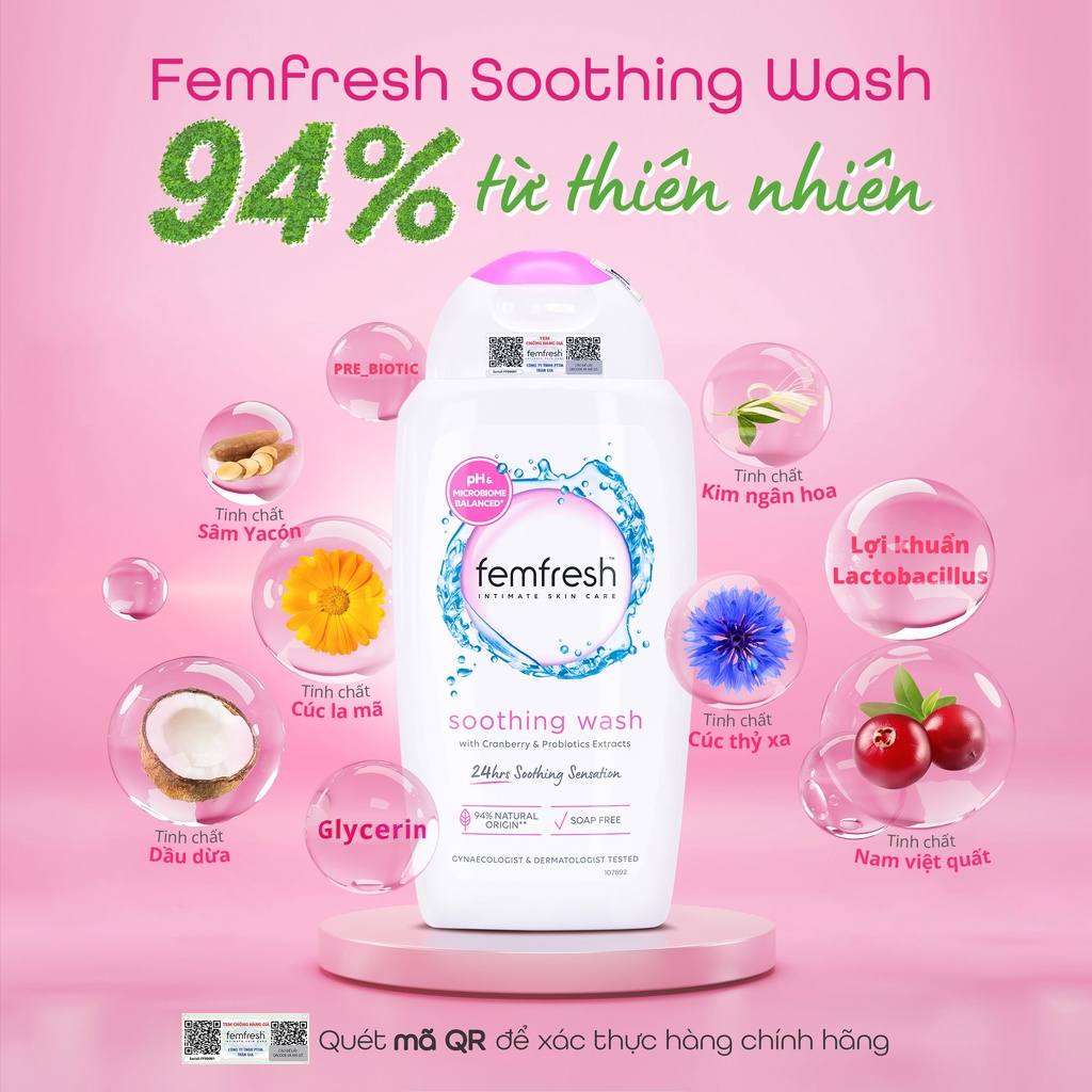 Combo Femfresh hồng Soothing Wash Optibac hỗ trợ giảm vi.êm phục hồi giúp vùng kín giúp sạch thơm tươi mới nhập khẩu Anh