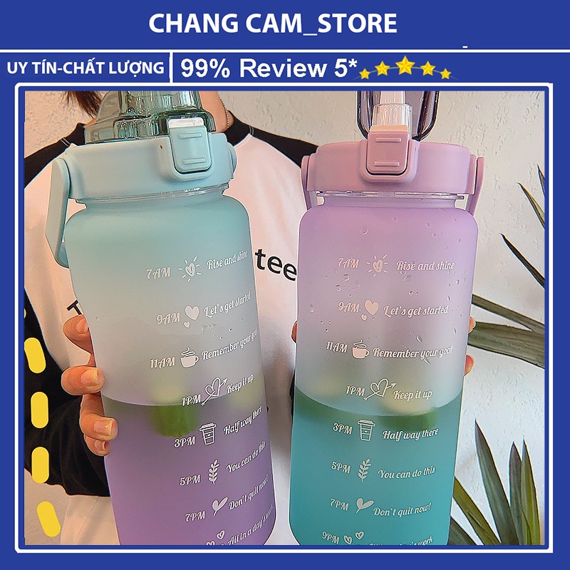 Bình đựng nước 2 lít nhiều màu cute ,kèm ống hút, có quai xách, có vạch chia giờ uống nước giành cho người lười