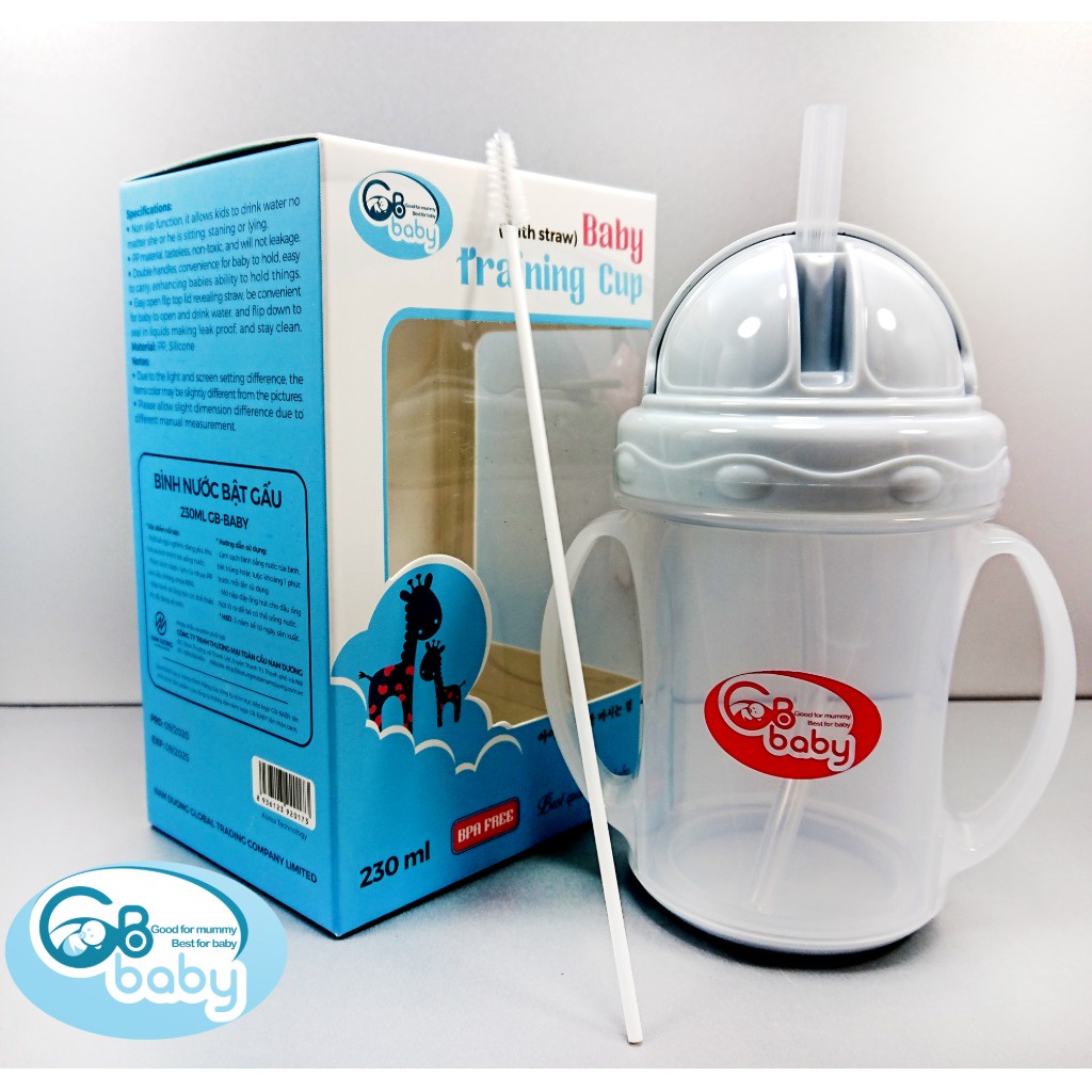 Bình tập uống nước cho bé GB-BABY 230ml kèm chổi vệ sinh ống hút, Cốc tập uống nước bật Gấu chính hãng