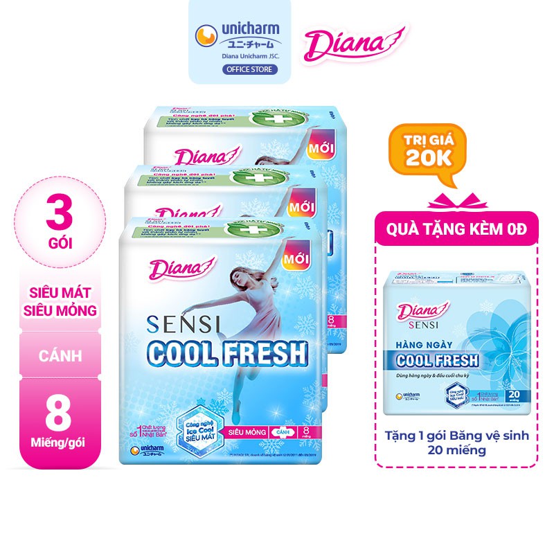 Bộ 3 gói Băng vệ sinh Diana SenSi Cool Fresh siêu mỏng cánh gói 8 miếng