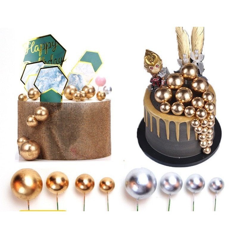 Set 10 que cắm trang trí bánh kem hình quả cầu màu vàng/bạc