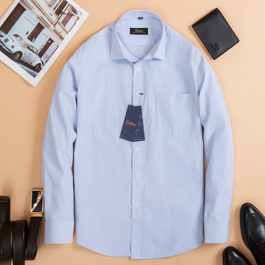 Áo Sơ Mi Nam Công Sở Trung Niên Anton Somianton Xanh Dương Kẻ Sọc Đôi Xanh Tím Dài Tay Vải Cotton - X327