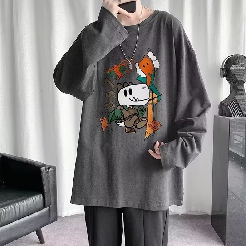 Áo Thun Tay Dài Dáng Rộng In Họa Tiết Hoạt Hình Phong Cách Hip Hop Hàn Quốc Thời Trang Cho Nam Và Nữ size M-5XL