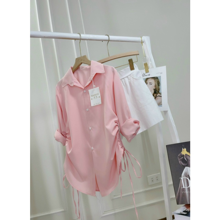 SET Sơ Mi Nữ Dây Rút Hồng kèm Quần Đùi Trắng Chất Đẹp Mát Thích Hợp Đi Chơi Điệu Đà [NEW UNISEX]