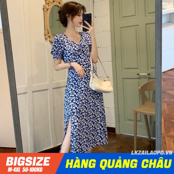 Đầm hoa nhí dáng suông ⚡️𝐁𝐈𝐆𝐒𝐈𝐙𝐄⚡️ Váy nữ tay ngắn cổ chữ v xẻ tà mùa hè Phong cách Hàn Quốc Thời Trang tiểu thư cá tính xinh đẹp cho người mập béo