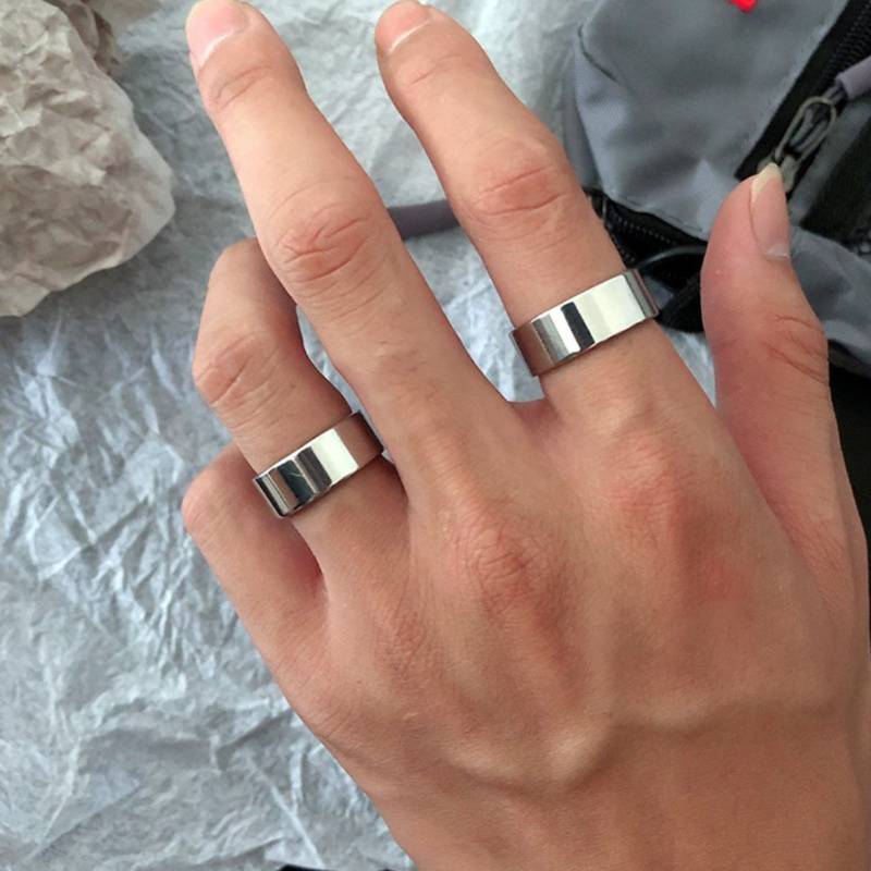 Nhẫn bạc bóng thép titan thiết kế đơn giản phong cách hiphop dành cho nam nữ