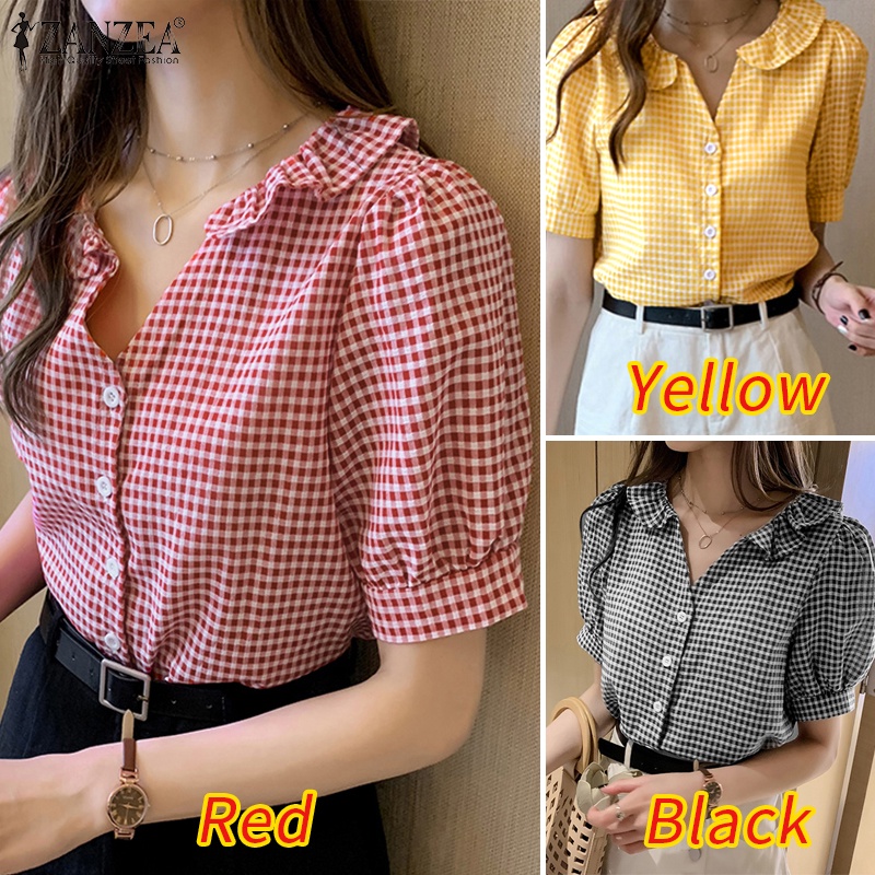ZANZEA Áo Sơ Mi Tay Ngắn Cài Nút Họa Tiết Sọc Caro Thời Trang Cho Nữ