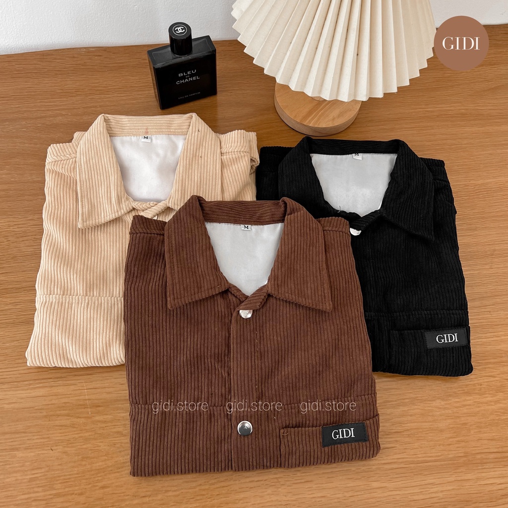 Áo GILE vải nhung gân tag GIDI cổ sơ mi form rộng Nam Nữ Unisex - kiểu cúc bấm lót dù cao cấp