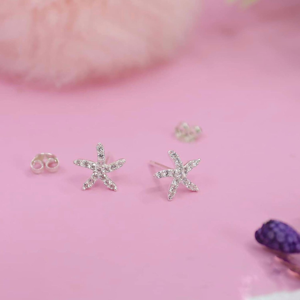 Khuyên Tai Bạc Nữ S925 CaoBac Silver Sao Biển Đính Đá Phong Các Đơn Giản  - Trang Sức Cáo Bạc JEWELLERY