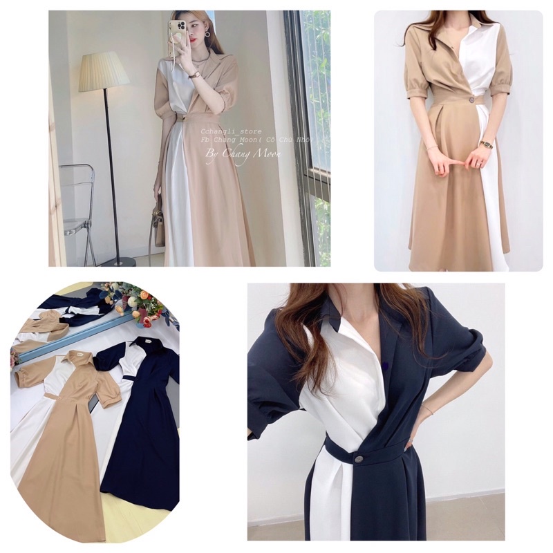 Đầm phối màu thắt eo cách tân phong cách thời trang (có size lớn)