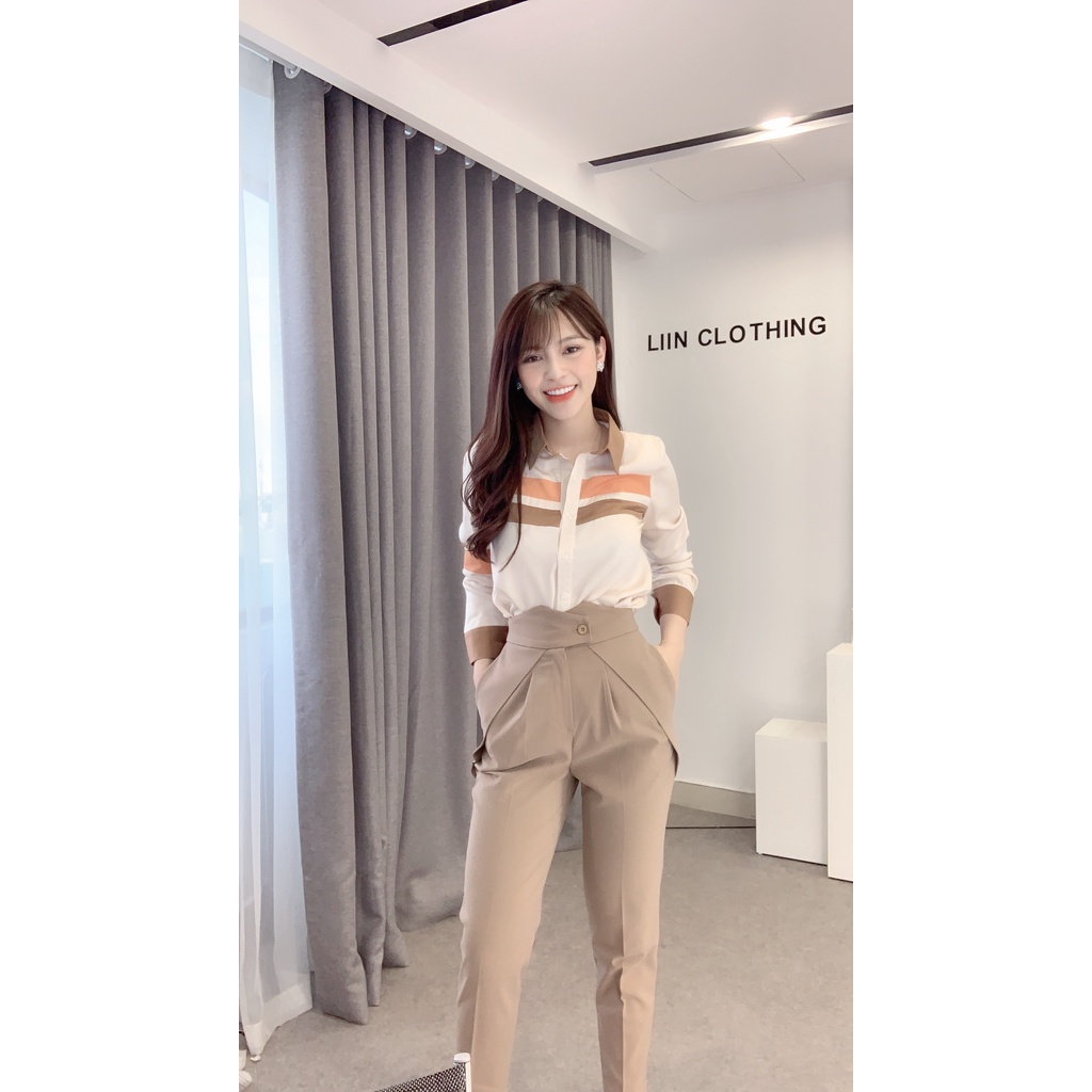 Quần baggy nữ màu nâu cách điệu thiết kế cạp lệch, cúc chéo form công sở mặc tôn dáng Liin Clothing Q3453