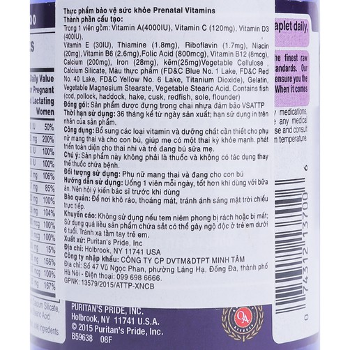 Vitamin khoáng chất tổng hợp cho bà bầu và phụ nữ cho con bú1 viên/ngày Puritan Pride Prenatal Vitamins 100v