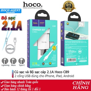 Bộ sạc Hoco C89 dòng 2.1A đầu Lightning / Micro / Type-C, 2 cổng USB, dây cáp dài 1m – Chính hãng