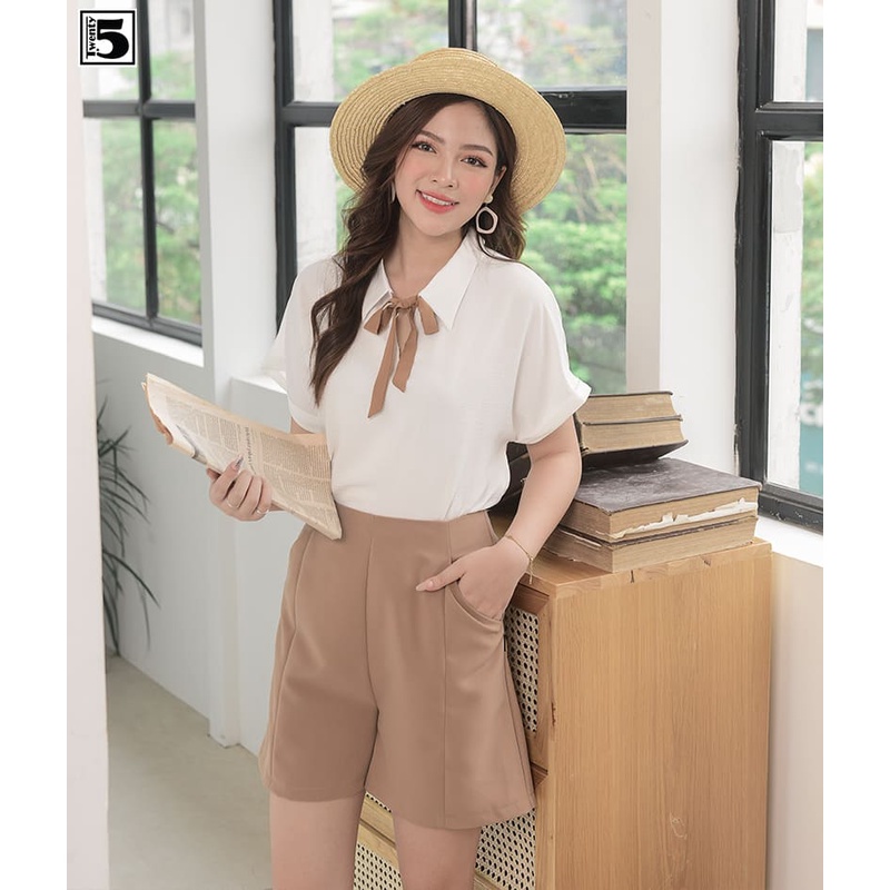 Áo sơ mi nữ cổ đức tay liền buộc nơ cổ Twentyfive M1107