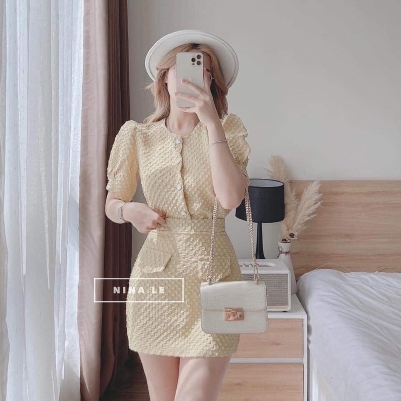 Sét váy tiểu thư xốp đính nút, sét bộ nữ áo tay phồng cổ tròn kèm chân váy thời trang đi chơi dạo phố