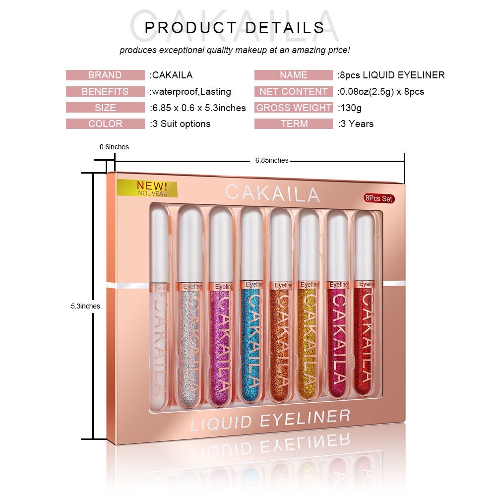 Set 8 Bút Kẻ Mắt Dạng Lỏng Ánh Nhũ Chống Nước Lâu Phai Nhiều Màu Sắc Thời Trang Dành Cho