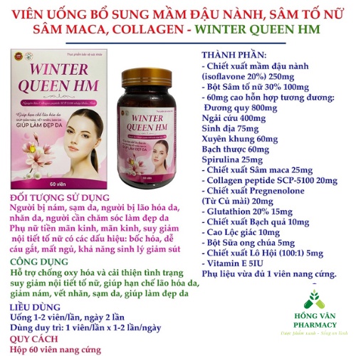 Viên Sâm tố nữ, mầm đậu nành, Collagen WINTER QUEEN HM giúp làm đẹp da, giảm sạm, nám, vết nhăn, bốc hỏa tiền mãn kinh