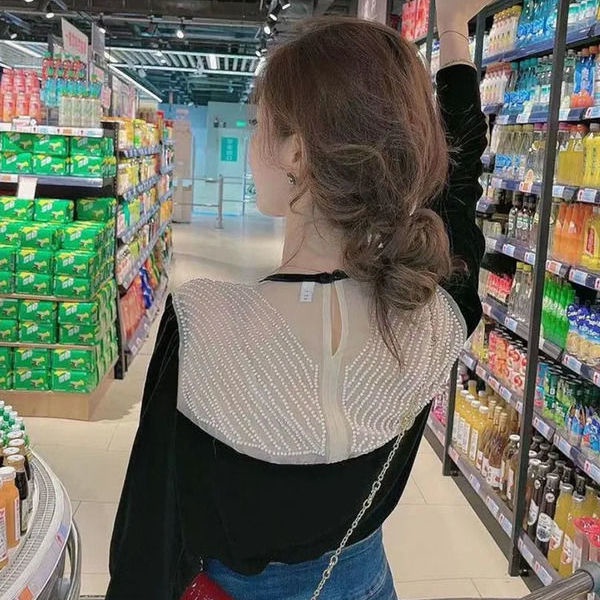 Áo Nhung Tay Dài Cổ Tròn Phối Lưới Ngọc Trai Thời Trang Mùa Thu Phong Cách Châu Âu Hàng Mới Cho Nữ
