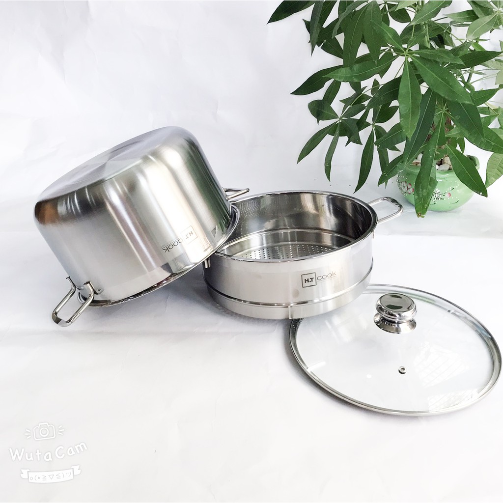 Bộ xửng hấp 1 đáy inox 430 H.T cook bếp từ nắp kính tặng 2 muỗng canh ( 28cm / 30cm )