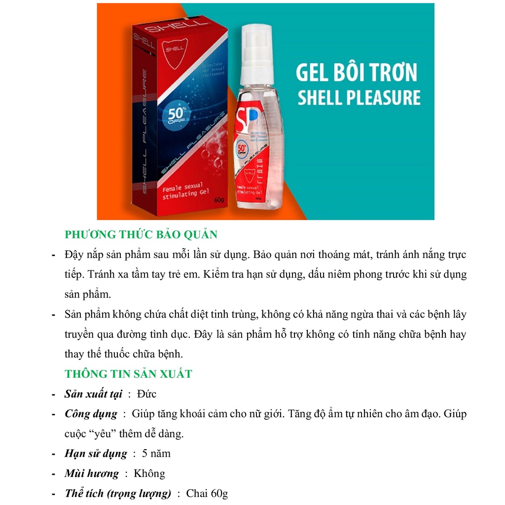 Gel bôi trơn Shell Pleasure 60G, gel bôi trơn tăng khoái cảm kích thích cho nữ - Exper