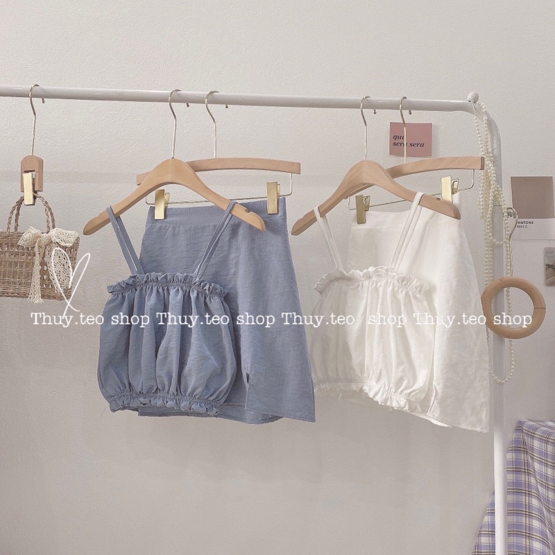 [Hàng mới] SET ÁO HAI DÂY CROPTOP PHỐI CHÂN VÁY ĐŨI MỀM HAI MÀU XANH TRẮNG