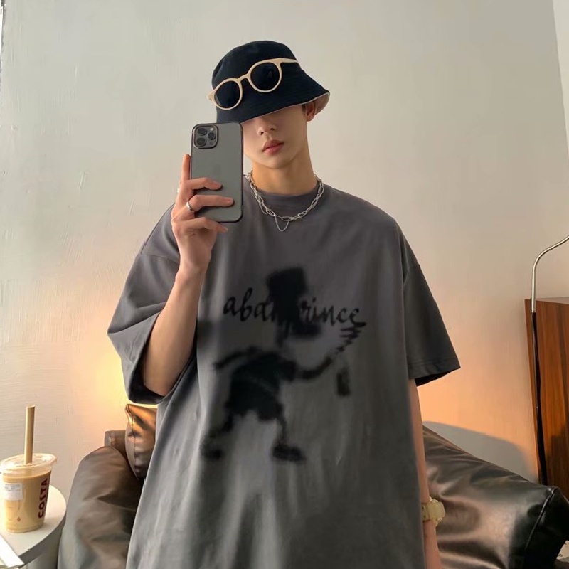Áo thun tay ngắn dáng rộng in họa tiết hoạt hình phong cách đường phố hiphop cho nam size M-5XL