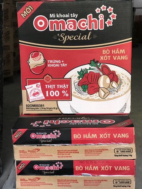 Mì Omachi SPECIAL bò hầm xốt vang (có thịt thật) gói 92gam(1 thùng 30 gói)