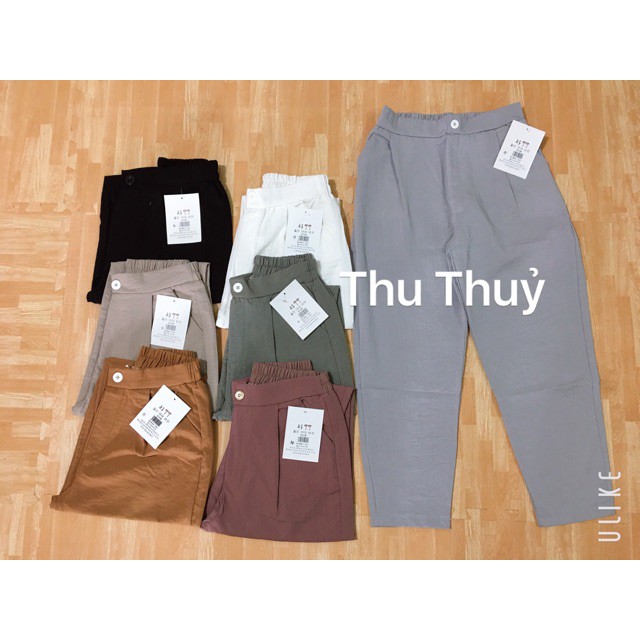 Quần Baggy nữ vải đũi đính khuy cao cấp