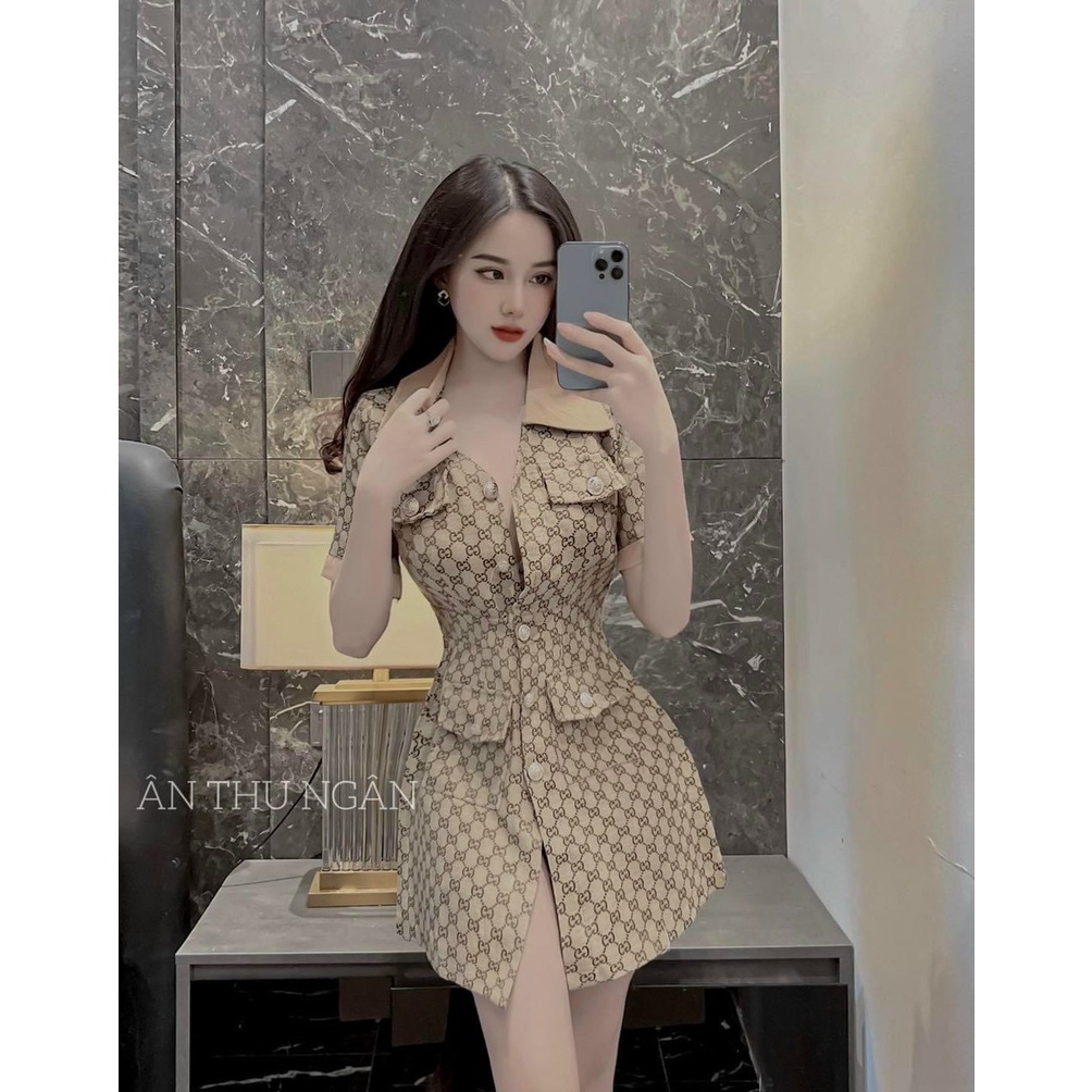 [11.11 Sale Freeship] Đầm body nữ dáng váy ngắn chữ A phối cổ bẻ có khuy cài  dáng ôm body khuyến rũ dx