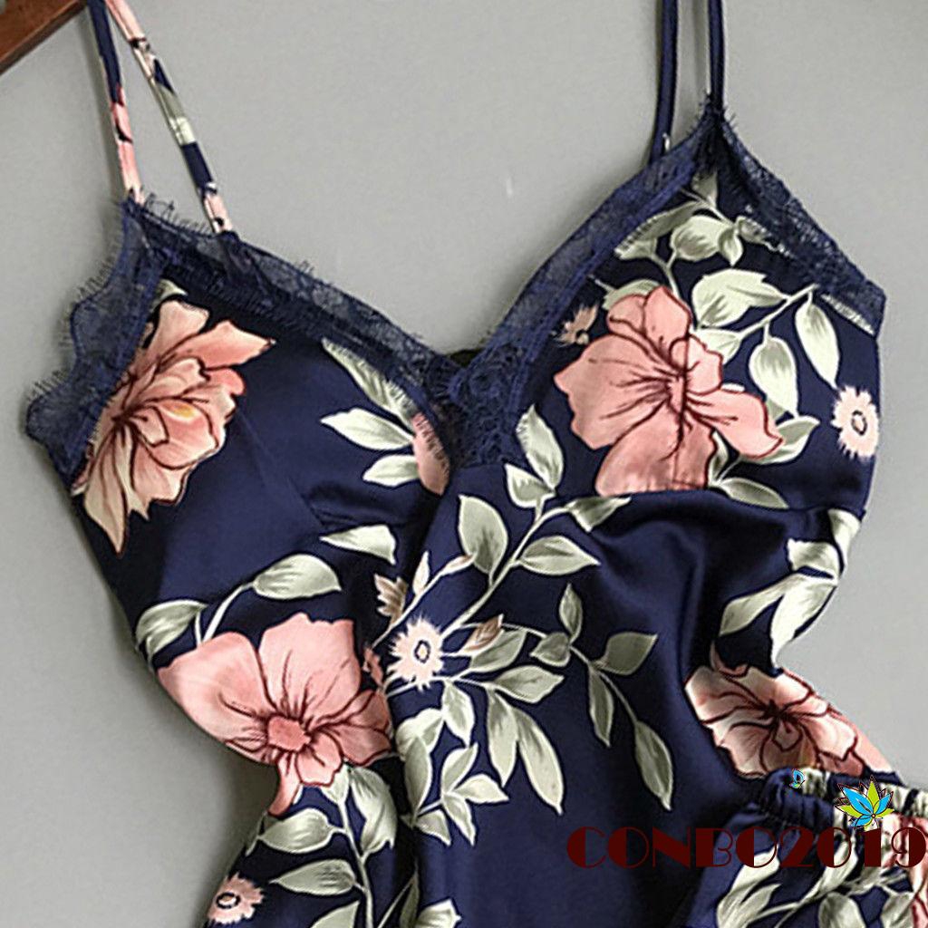 Set Đồ Ngủ Vải Satin Phối Ren Hoa Quyến Rũ Cho Nữ