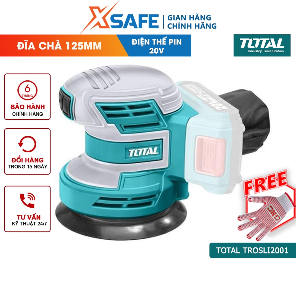 Máy chà nhám tròn dùng pin TOTAL TROSLI2001, đĩa chà 125mm, kèm 5 miếng chà nhám - không kèm theo pin và sạc