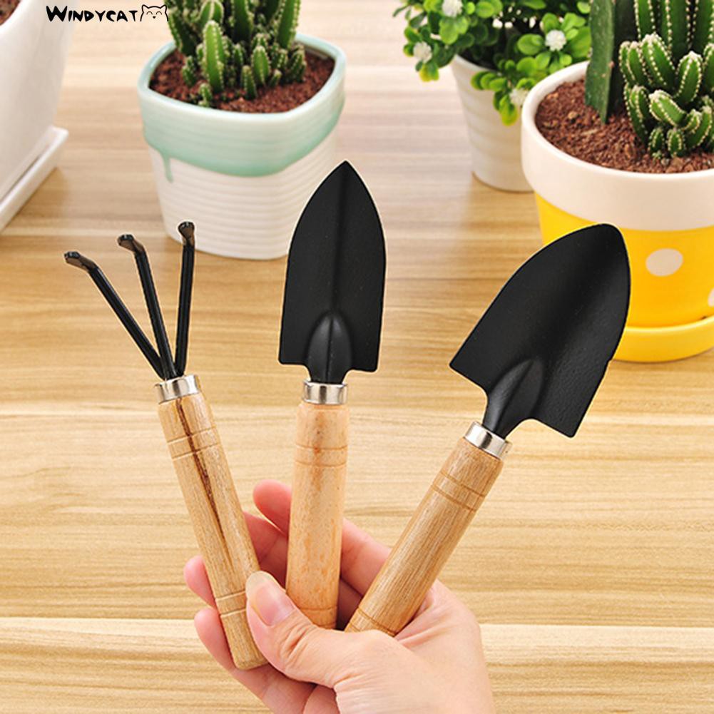 Set 3 dụng cụ tay cầm gỗ xẻng và bồ cào đất làm vườn mini