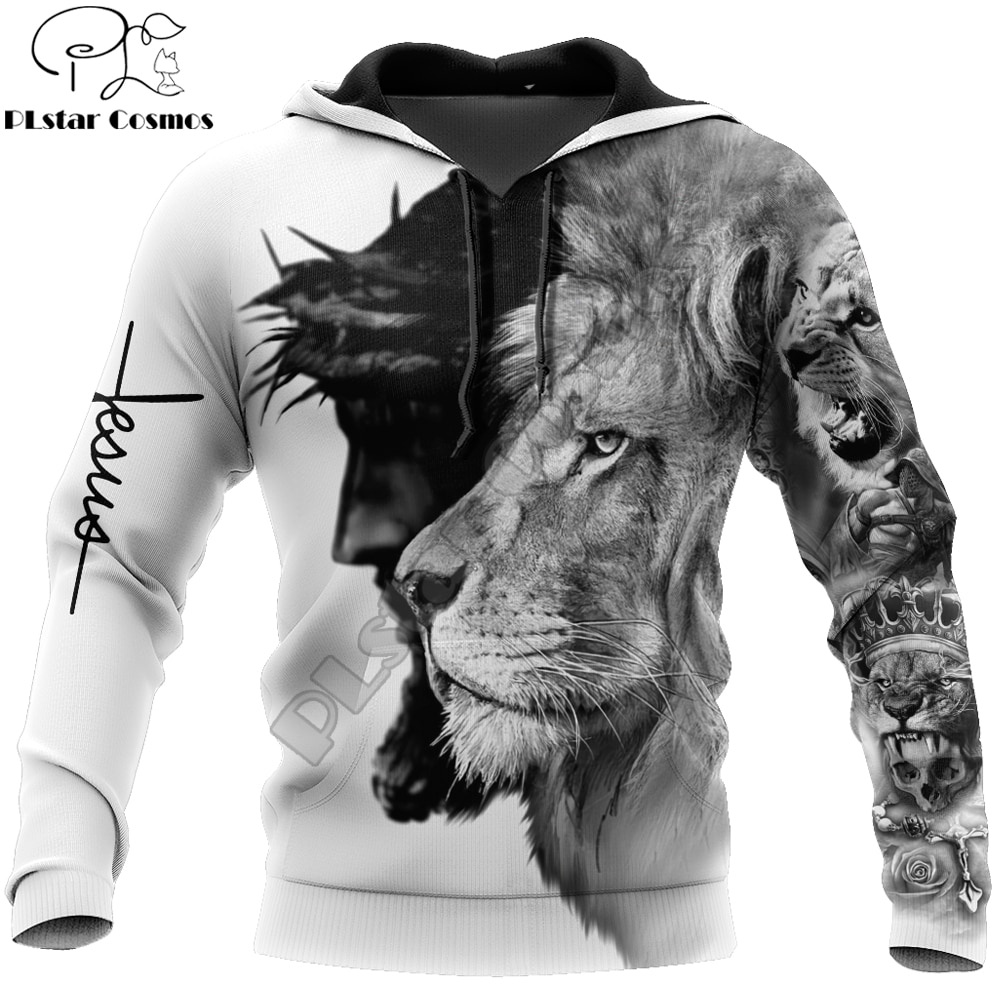 Áo hoodie KJ652 nỉ chui đầu in hình 3D Chúa Giêsu và sư tử phong cách unisex cho mùa thu