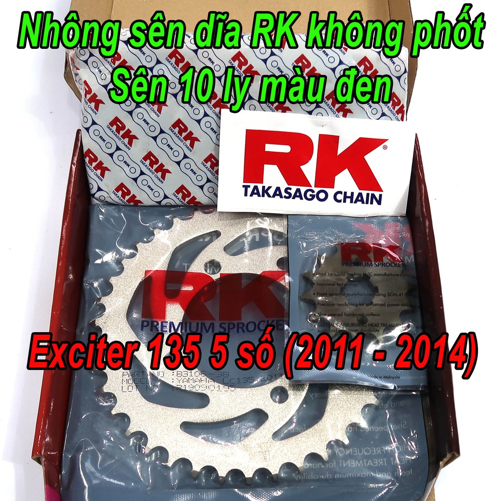 Nhông sên dĩa RK cao cấp nhập khẩu cho Exciter 135 5 số (2011 - 2014), (sên đen 10 ly không phốt)