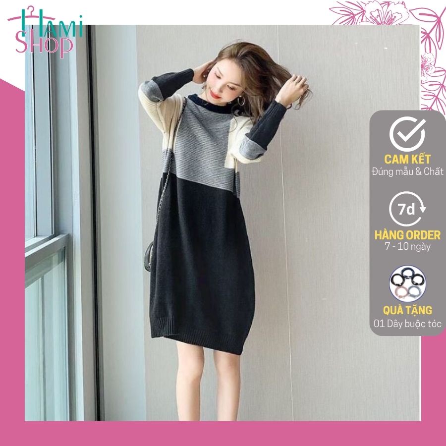 Váy len dáng dài đầm len suông rộng cổ tròn hàng Quảng Châu cao cấp