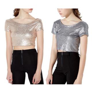 Áo thun Croptop tay ngắn đính kim sa lấp lánh