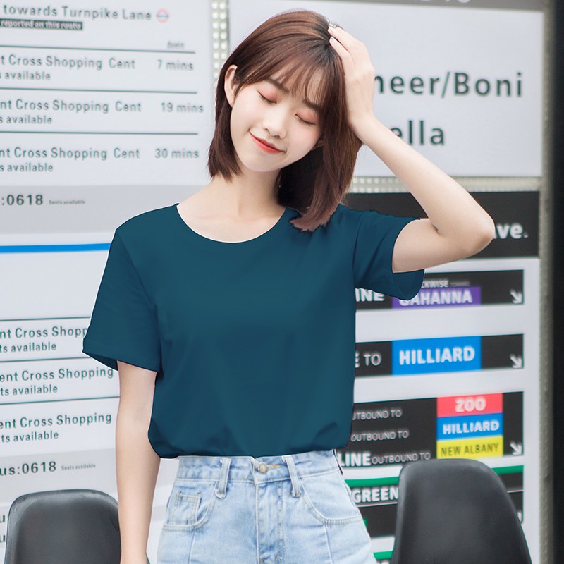 Xu Li peacock blue round neck short-sleeved cotton t-shirt women's super hot ins college style Korean version of the wild half-sleeved ladies women's clothing